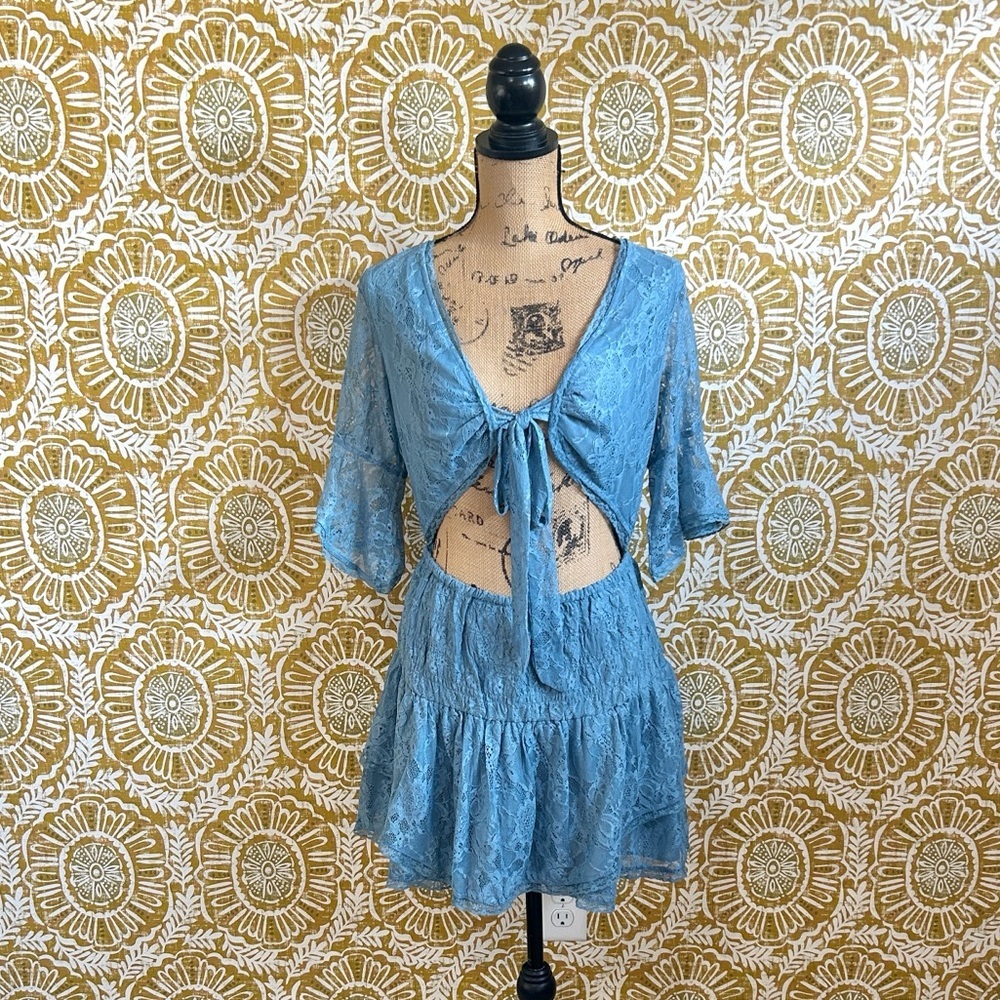 NWOT Free People Lala Lace Sheer Reversible V-Neck Mini Dress in Baby Denim Sz M - Picture 8 of 12